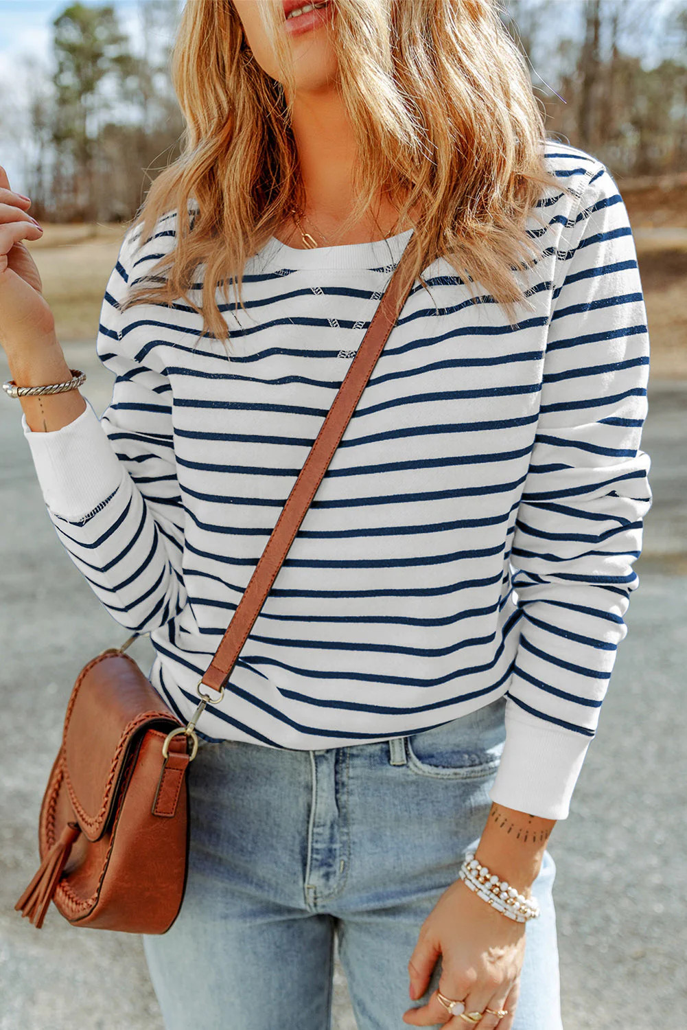 Striped Print Ribbed Trim Long Sleeve Top Navy Stripe / S - 4/6 / 100%Polyester | Casual Chic Boutique