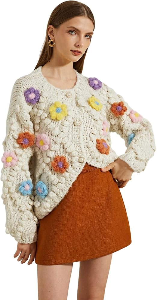 CHICWISH Women's Cream Button Up Floral Pom-Pom Knit Cardigan | Amazon (UK)