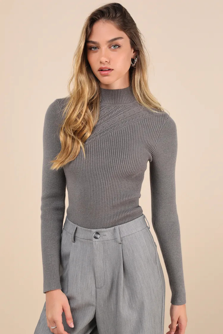 Curated Forecast Charcoal Grey Ribbed Mock Neck Sweater Top | Lulus