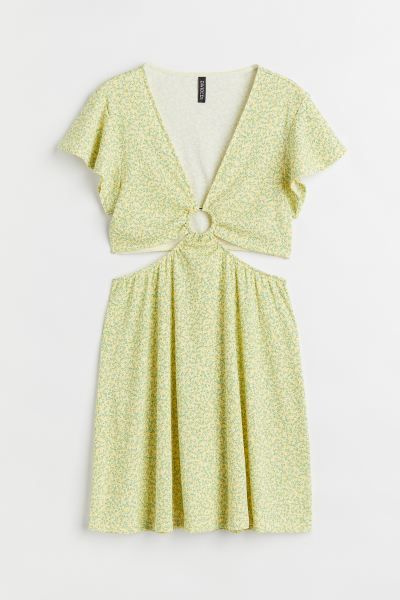 Short, fitted dress in jersey. Low-cut V-neck with a covered metal ring, butterfly sleeves, and a... | H&M (US + CA)