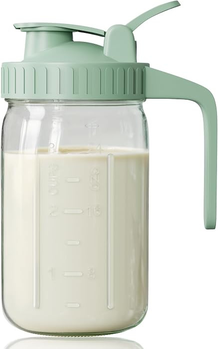Breast Milk Pitcher, Mason Jar 32 oz, Heavy Duty Wide Mouth Jar with Green Flip Cap Lid and Pour ... | Amazon (US)
