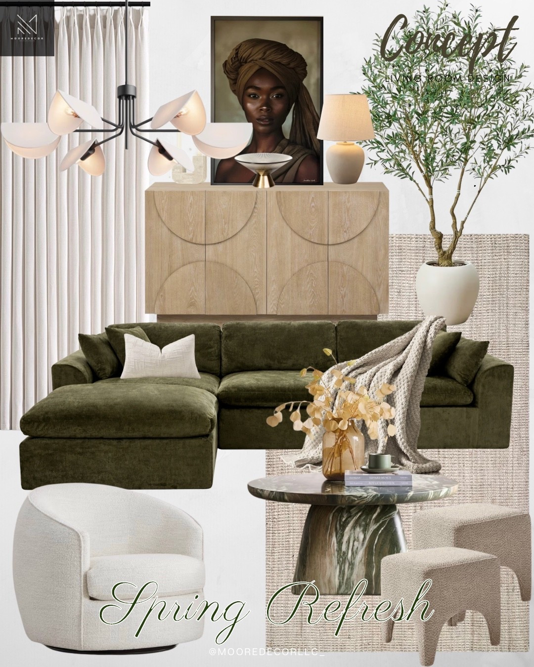 Modern organic living room design featuring an olive green sectional sofa, neutral textures, and sculptural furniture for a calm, elevated space.

This concept was all about creating a living room that feels warm, grounded, and inviting while still having that elevated designer look. The olive green sectional is the anchor of the space, deep, comfortable, and perfect for everyday lounging while still making a statement.

I paired it with layered neutral textures, a marble pedestal coffee table, curved accent seating, and warm wood tones to keep the space feeling balanced and organic.

If you’re shopping for a sofa or sectional, look for something with deep seating, plush cushions, and a rich fabric like velvet or performance upholstery. It instantly makes the room feel more luxurious while still being comfortable enough for real life.  #modernorganic #springrefresh

#LTKspring #LTKHome