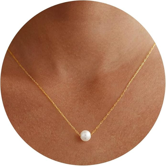 Pearl Necklace for Women, Dainty 14K Gold Plated Layered Single Double Pearl Necklace Wedding Tre... | Amazon (US)