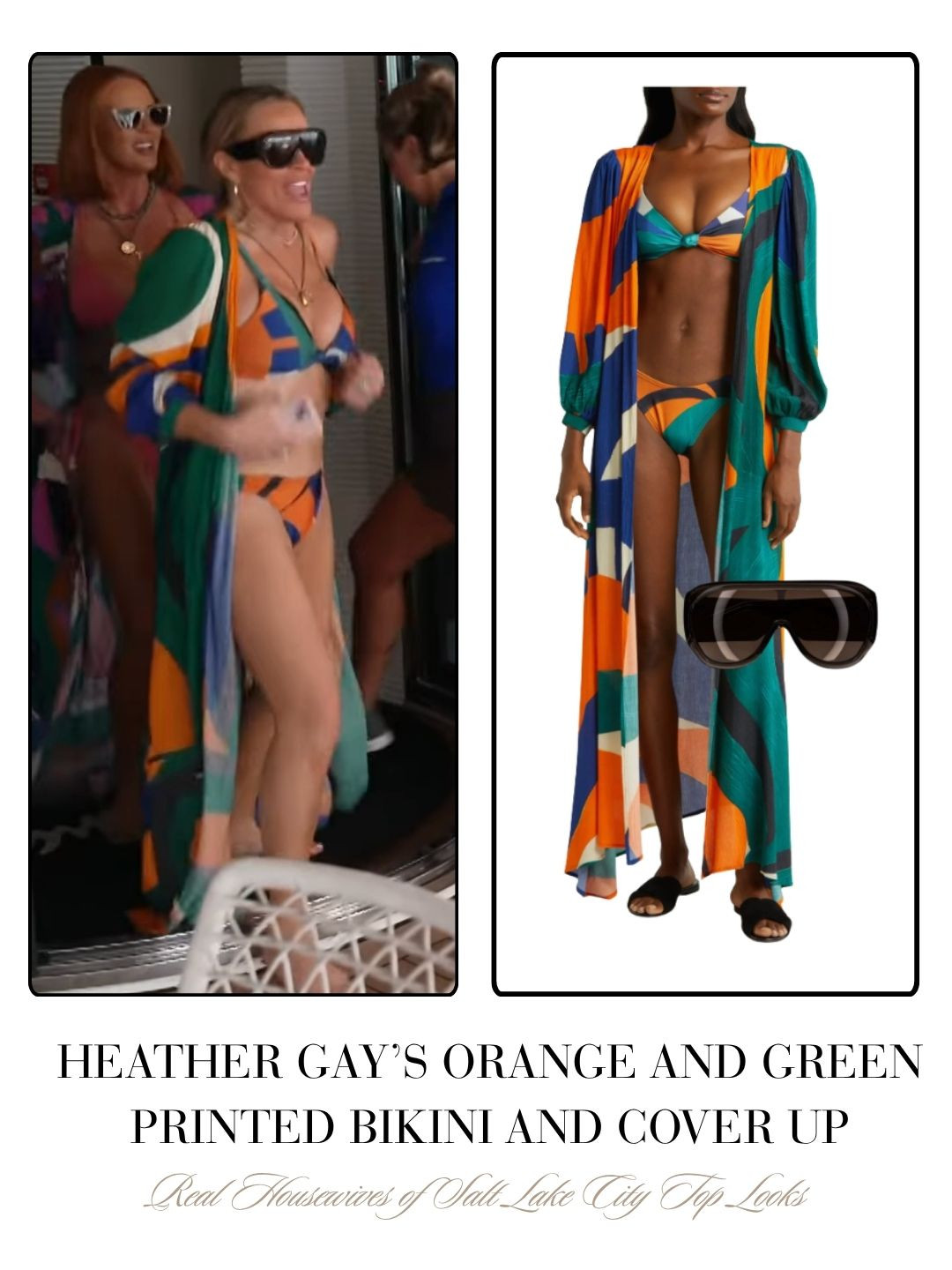 Heather Gay's Green, Orange and Blue Printed Bikini and Cover Up on the Below Deck Yacht // Sunglasses by Phoebe Philo 

 