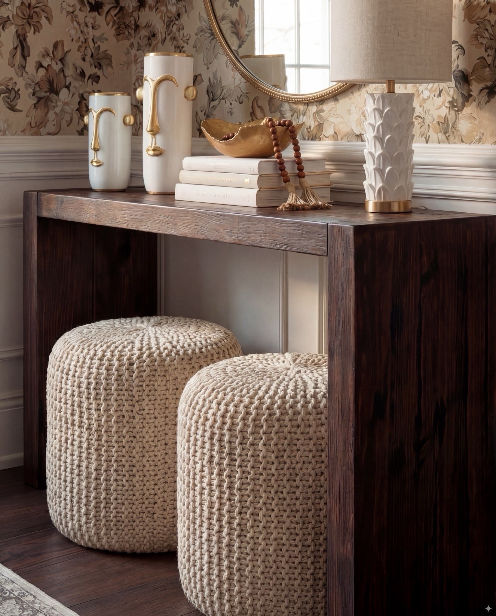 Shop the Look:
• Dark wood console
• Chunky knit ottomans
• Brass globe sconces
• Sculptural white lamp
• Floral wallpaper (cream/taupe/charcoal)
• Neutral geometric runner
• Gold bowl + white sculptural vase
• Design book stack
@Wayfair 

#LTKSaleAlert #LTKHome