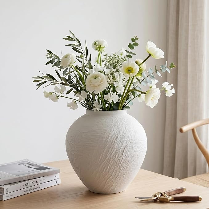 Vintage Stone Textured Ceramic Vase, Minimalist White Flower Vase, Rustic Decorative Centerpiece ... | Amazon (US)