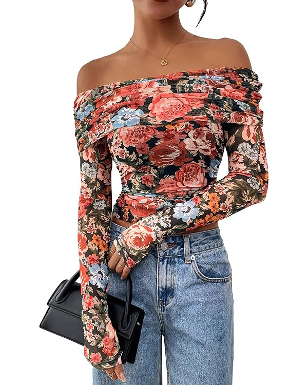 PRETTYGARDEN Women's Fall Tops 2025 Off The Shoulder Long Sleeve Fitted Y2k Shirts Floral Ruched ... | Amazon (US)