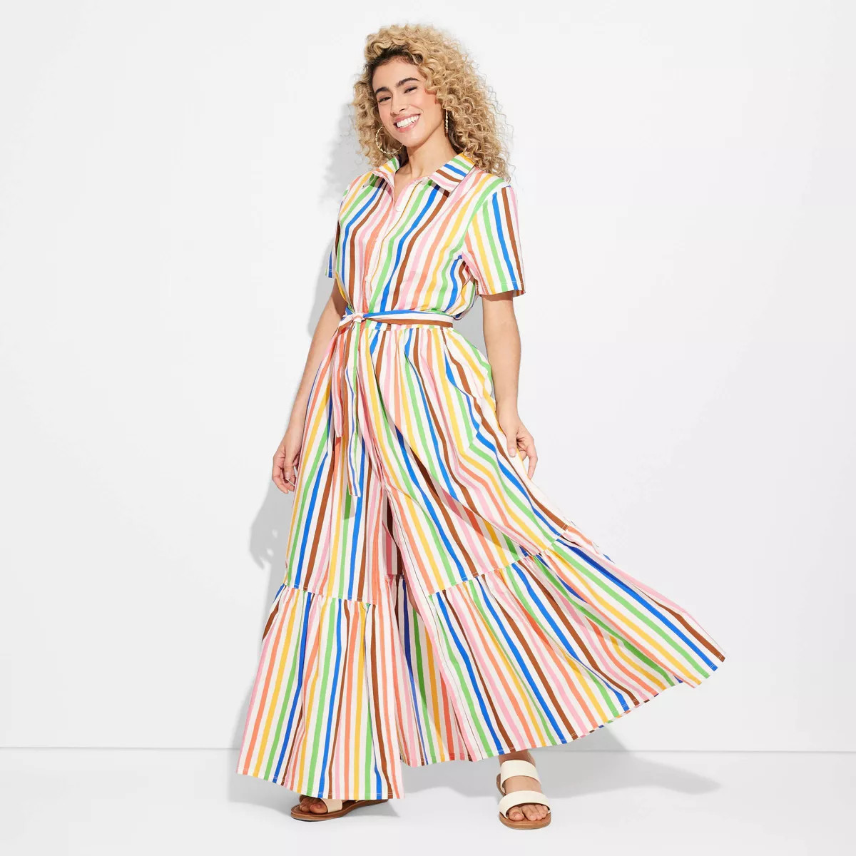 Pride Adult Short Sleeve Button-Front Tie Waist Maxi Shirtdress - Rainbow Striped | Target