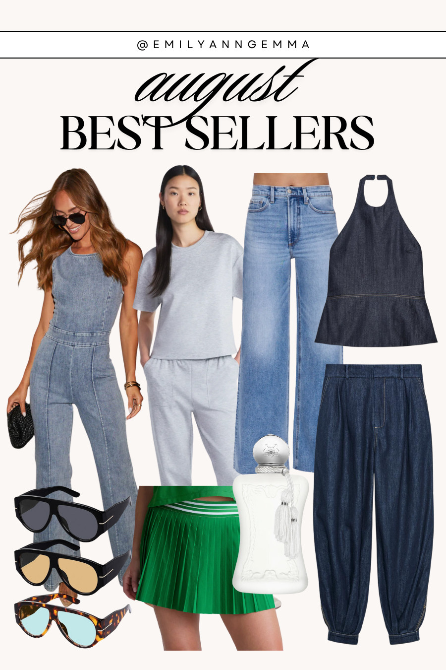My August best sellers and favorites!

Amazon sunglasses, Vici denim jumpsuit, Walmart lounge set, Nordstrom jeans, Zara matching denim set, green tennis skirt and perfume. 

 #LTKSeasonal #LTKStyleTip #LTKBeauty
