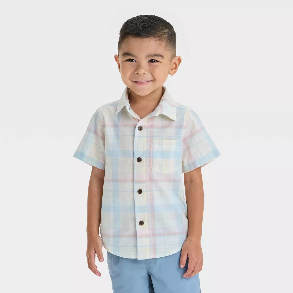 Toddler Boys' Short Sleeve Poplin Button-Up Shirt - Cat & Jack™ Cream/Blue/Pink | Target