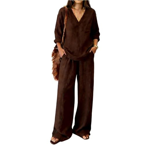 XBKPLO Linen Sets for Women 2 Piece Summer Shirts Wide Leg Linen Pants Lounge Outfits Clothes 2026 Beach Outfits Brown L | Amazon (US)