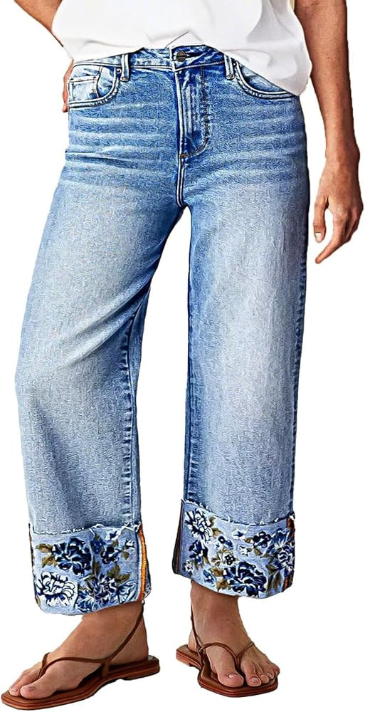 Flamingals High Waisted Straight Leg Cuffed Jeans for Women Trendy Floral Embroidery Roll Hem Bag... | Amazon (US)