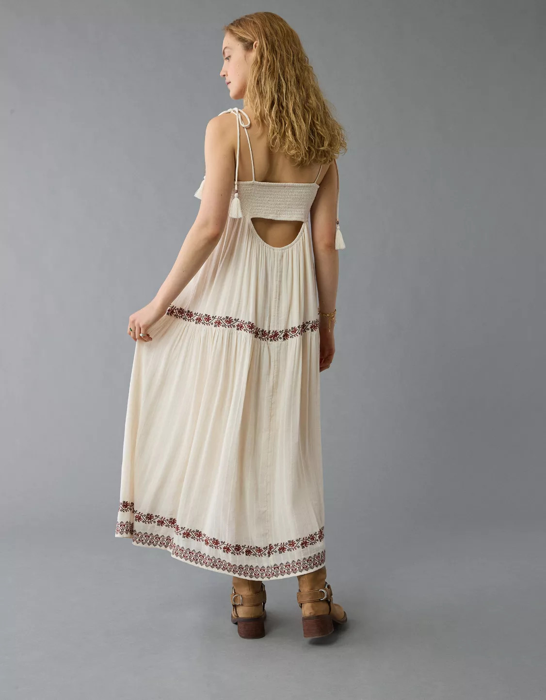 AE Empire Waist Embroidered Midi Dress | American Eagle Outfitters (US & CA)