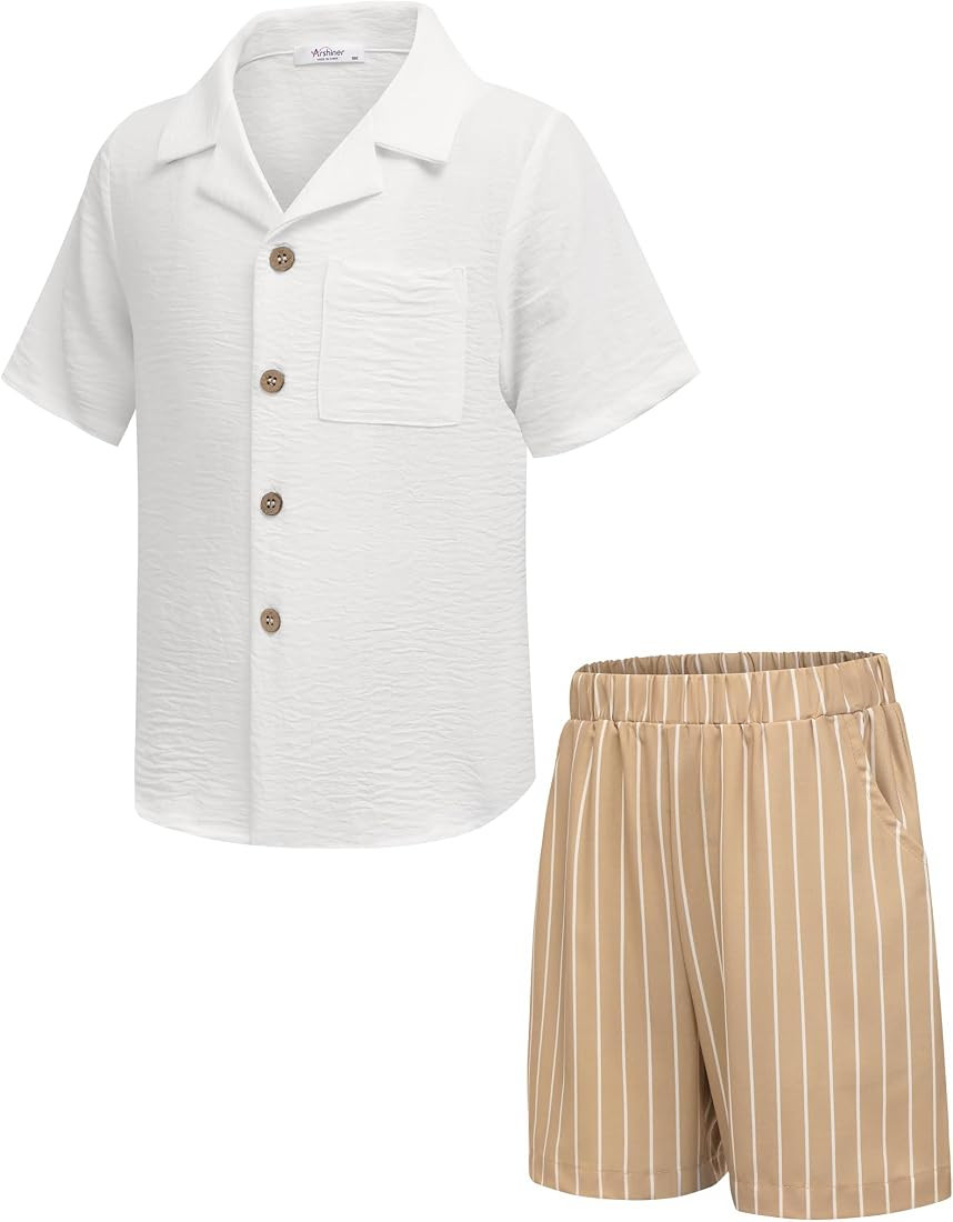 Arshiner Boys 2 Pieces Summer Beach Outfits Short Sleeve Button Down Shirts and Shorts Vacation T... | Amazon (US)