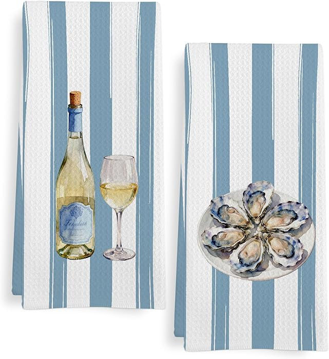 Preppy Beach Wine Oysters Kitchen Towels Set of 2, Coastal Ocean Oyster Dish Tea Towels for Kitch... | Amazon (US)