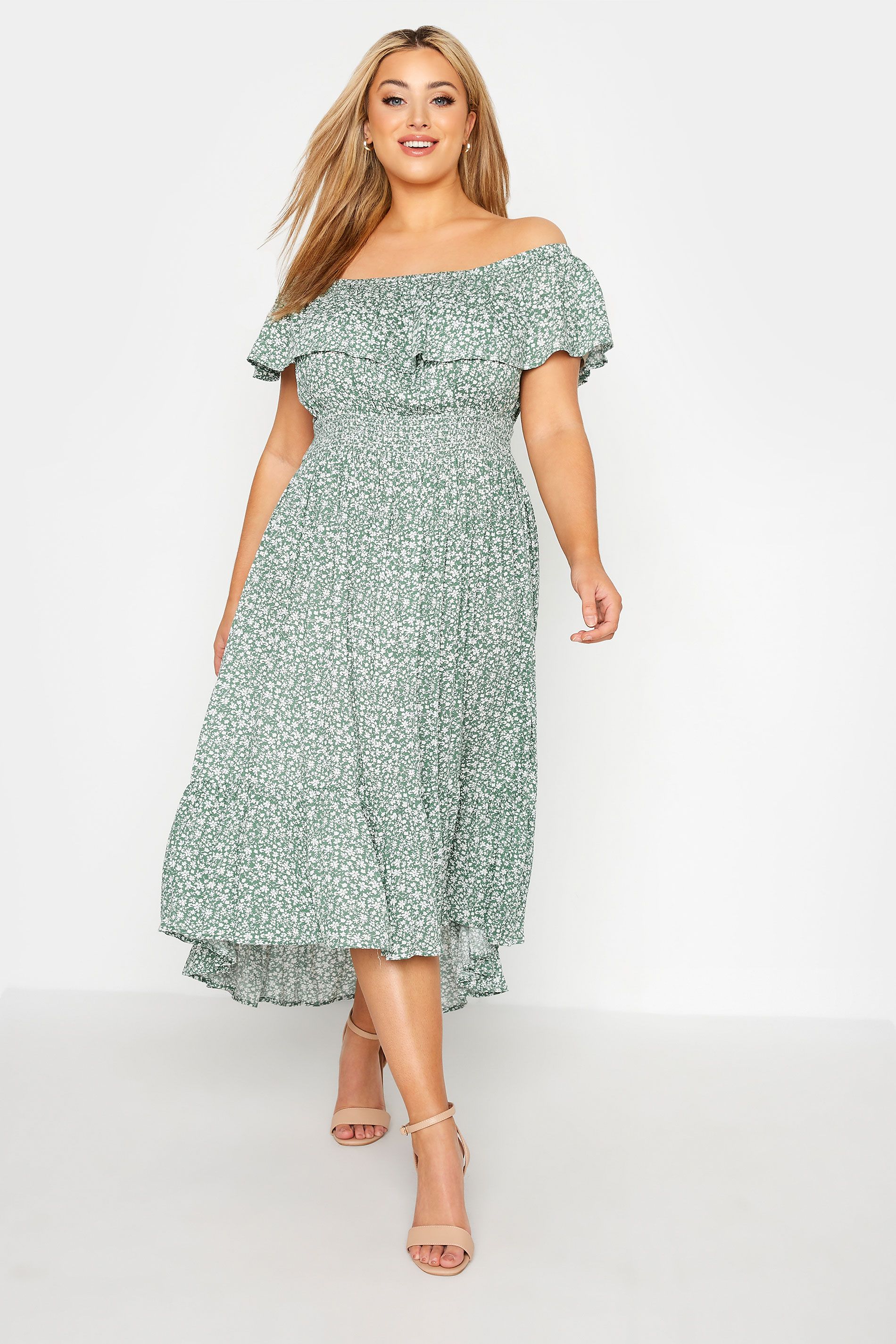YOURS LONDON Plus Size Green Ditsy Floral Bardot Dress | Yours Clothing UK