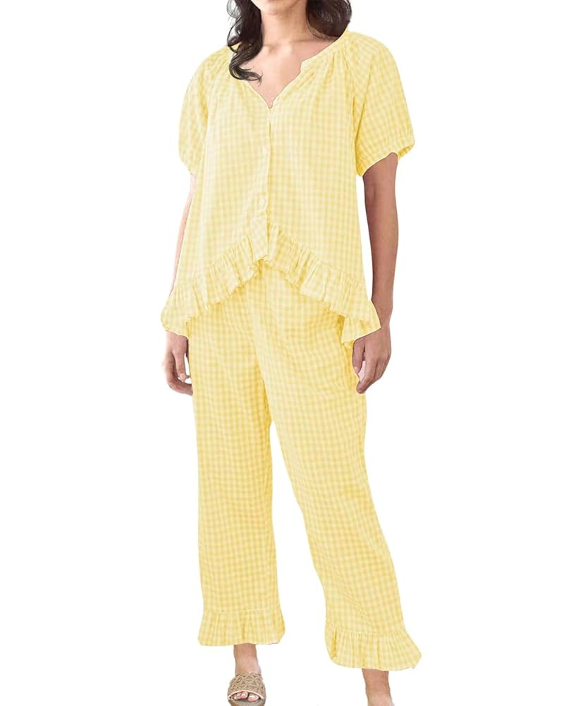 Womens Gingham Pajama Set 2 Piece Short Sleeve Babydoll Shirt and Pants Lounge Set Cute Sleepwear | Amazon (US)