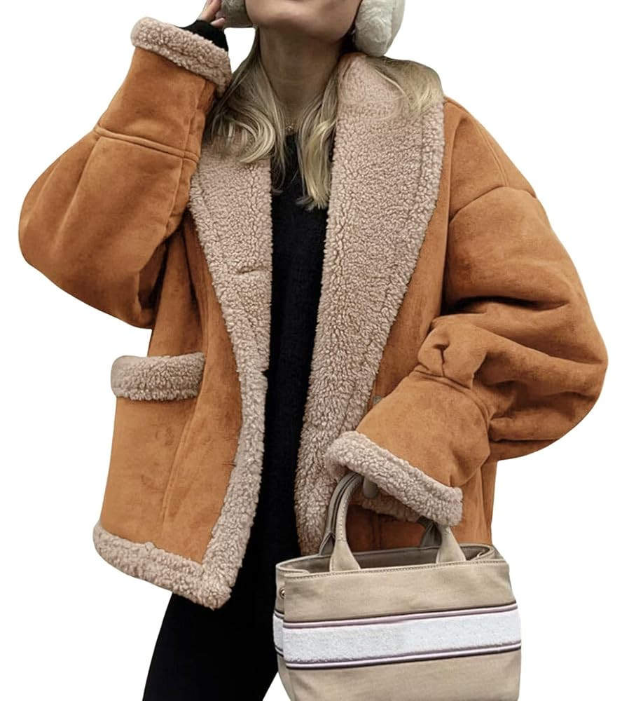 loveimgs Women Oversized Sherpa Lined Leather Jacket Faux Suede Fleece Shearling Coat Winter Bike... | Amazon (US)