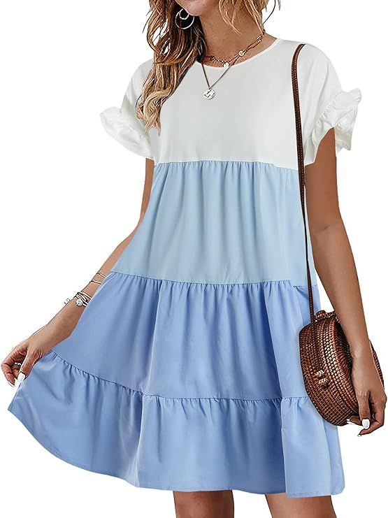 Looks Cute Women Summer Casual Ruffles Dress Color Block Short Sleeve Babydoll Loose Swing Flowy ... | Amazon (US)
