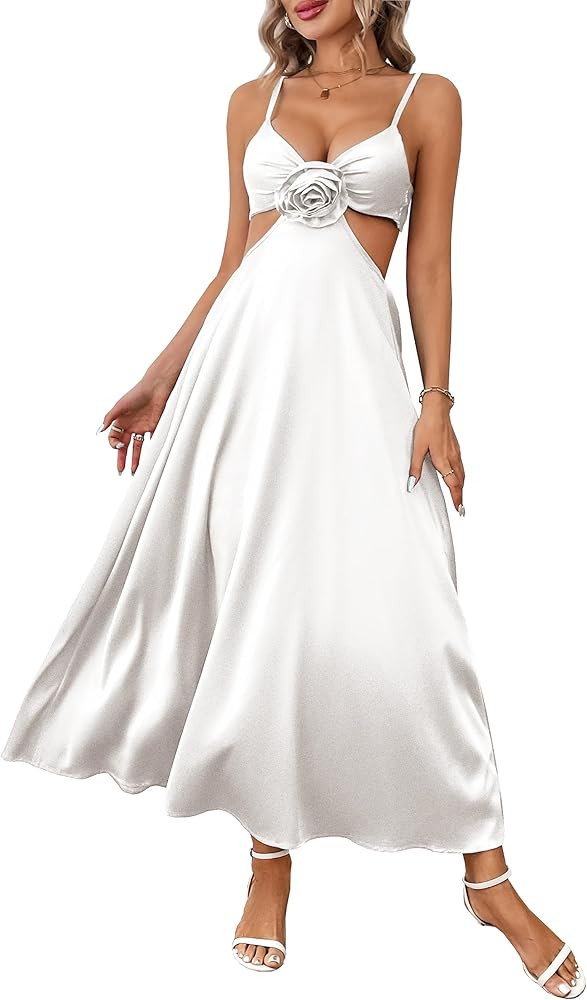 SPORLIKE Women Satin Slip Padded Long Dress V Neck Adjustable Straps Backless Party Casual Dress ... | Amazon (US)