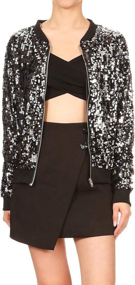 Anna-Kaci Womens Sequin Long Sleeve Front Zip Jacket with Ribbed Cuffs | Amazon (US)