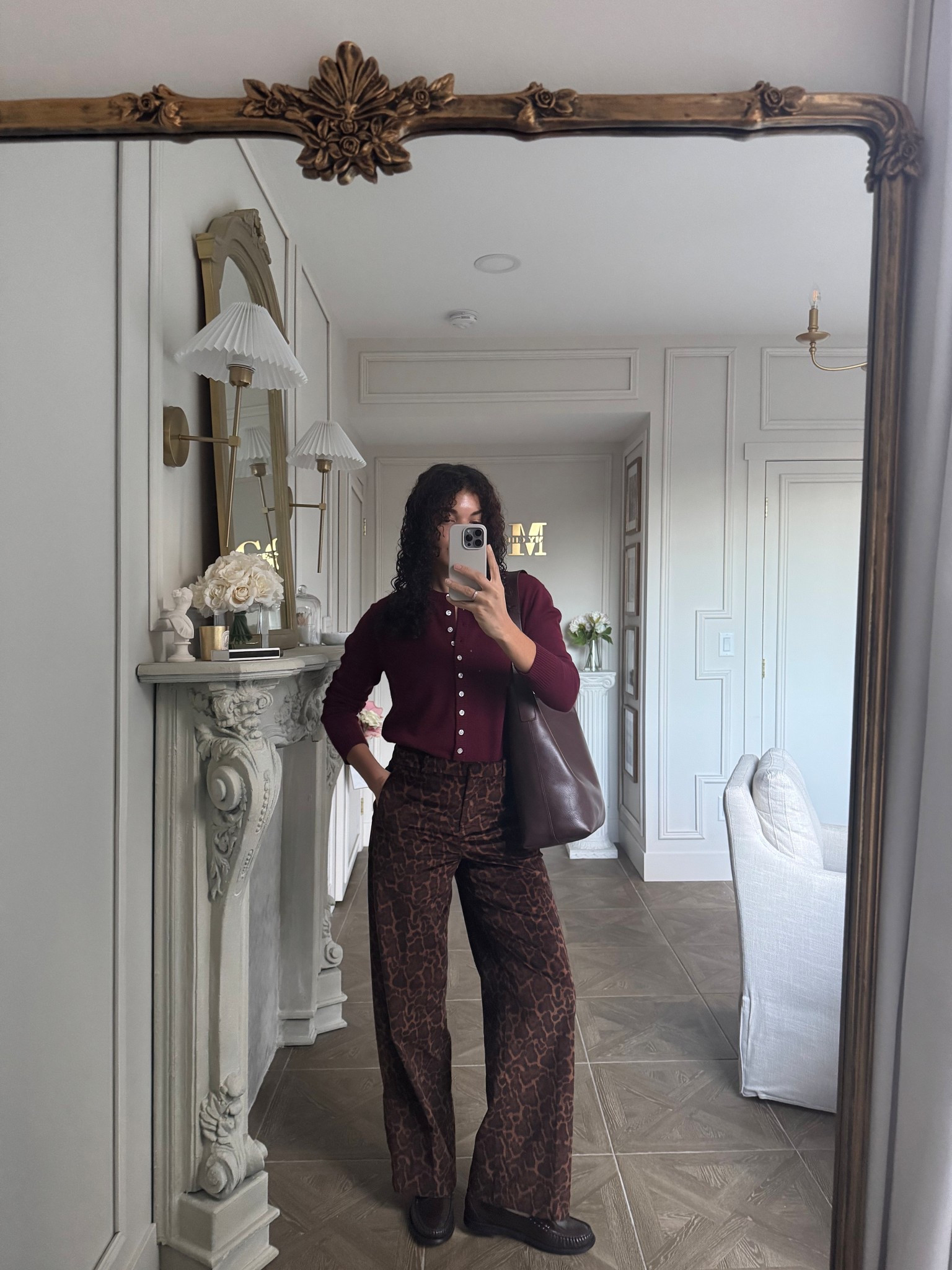 burgundy cardigan, velvet leopard print pants, loafers, bucket tote bag 

#LTKootd