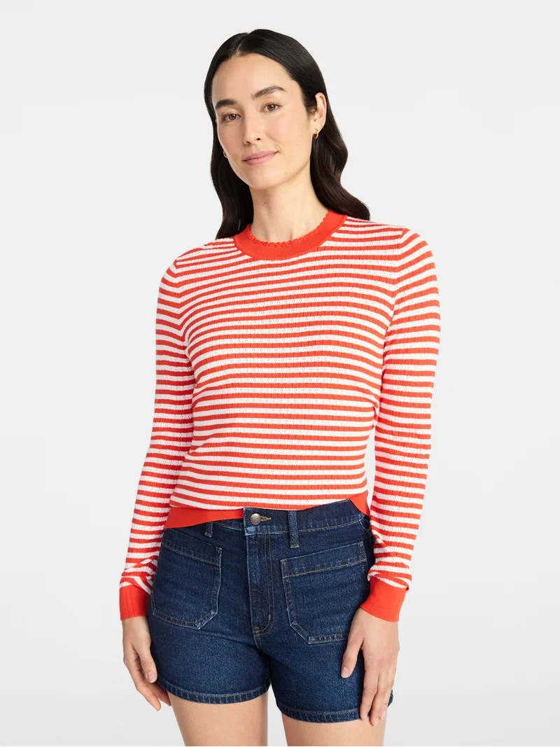 Time and Tru Women's Striped Pointelle Pullover Sweater with Long Sleeves, Midweight, Sizes XS-XX... | Walmart (US)