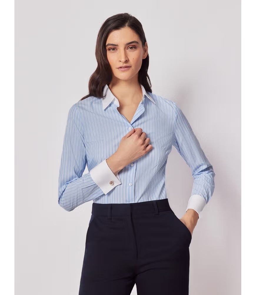Women's Executive Blue & White Medium Stripe Fitted Shirt - White Collar and Cuffs | Hawes and Cu... | Hawes & Curtis - US