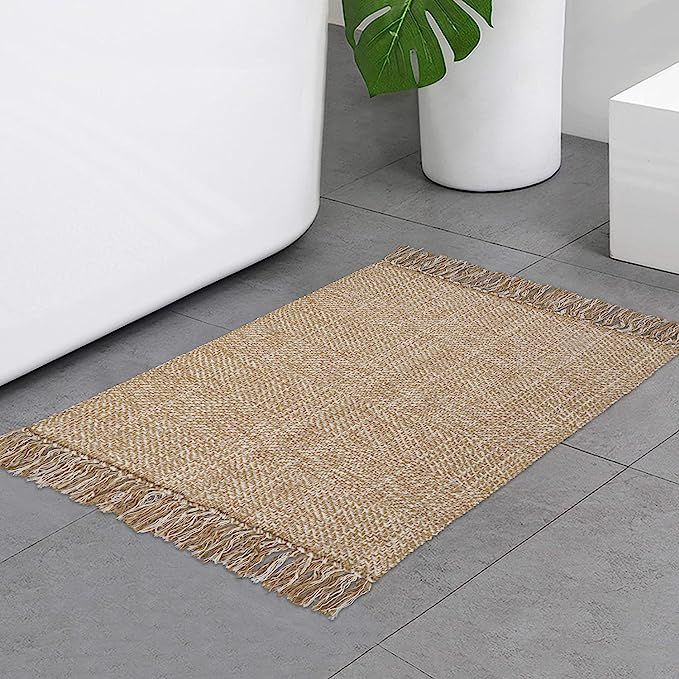 Collive Small Bathroom Rug, 2' x 3' Hand-Woven Low Profile Front Entryway Rug, Tan Cotton Reversi... | Amazon (US)