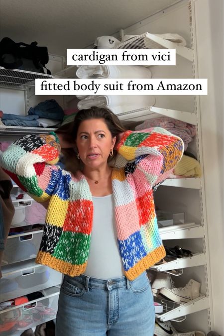 Old cardigan from vici. Linked similar bright colored sweaters from them. 
Tummy control tank top body suit from Amazon  

#LTKmidsize #LTKSeasonal #LTKMostLoved