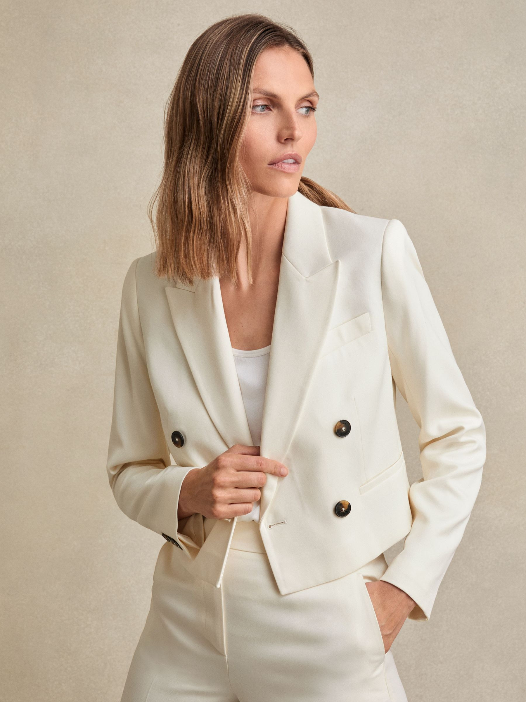Reiss Double-Breasted Cropped Blazer in Cream - REISS | Reiss UK