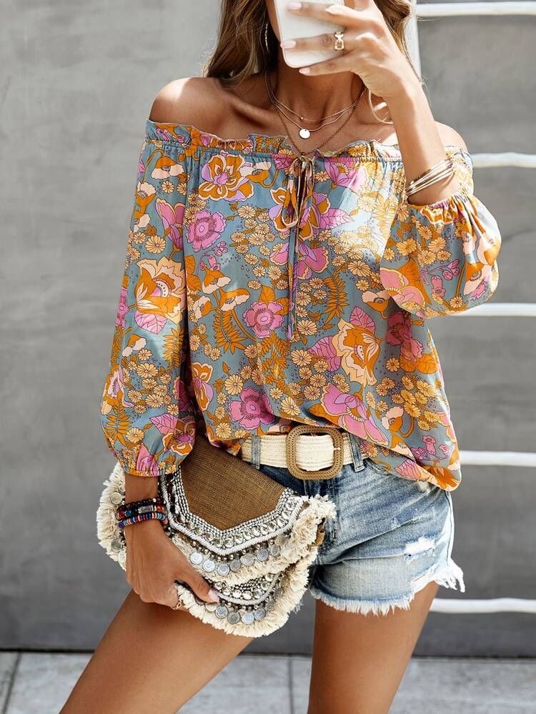 Floral Print Off Shoulder Lantern Sleeve Knot Front Blouse | SHEIN