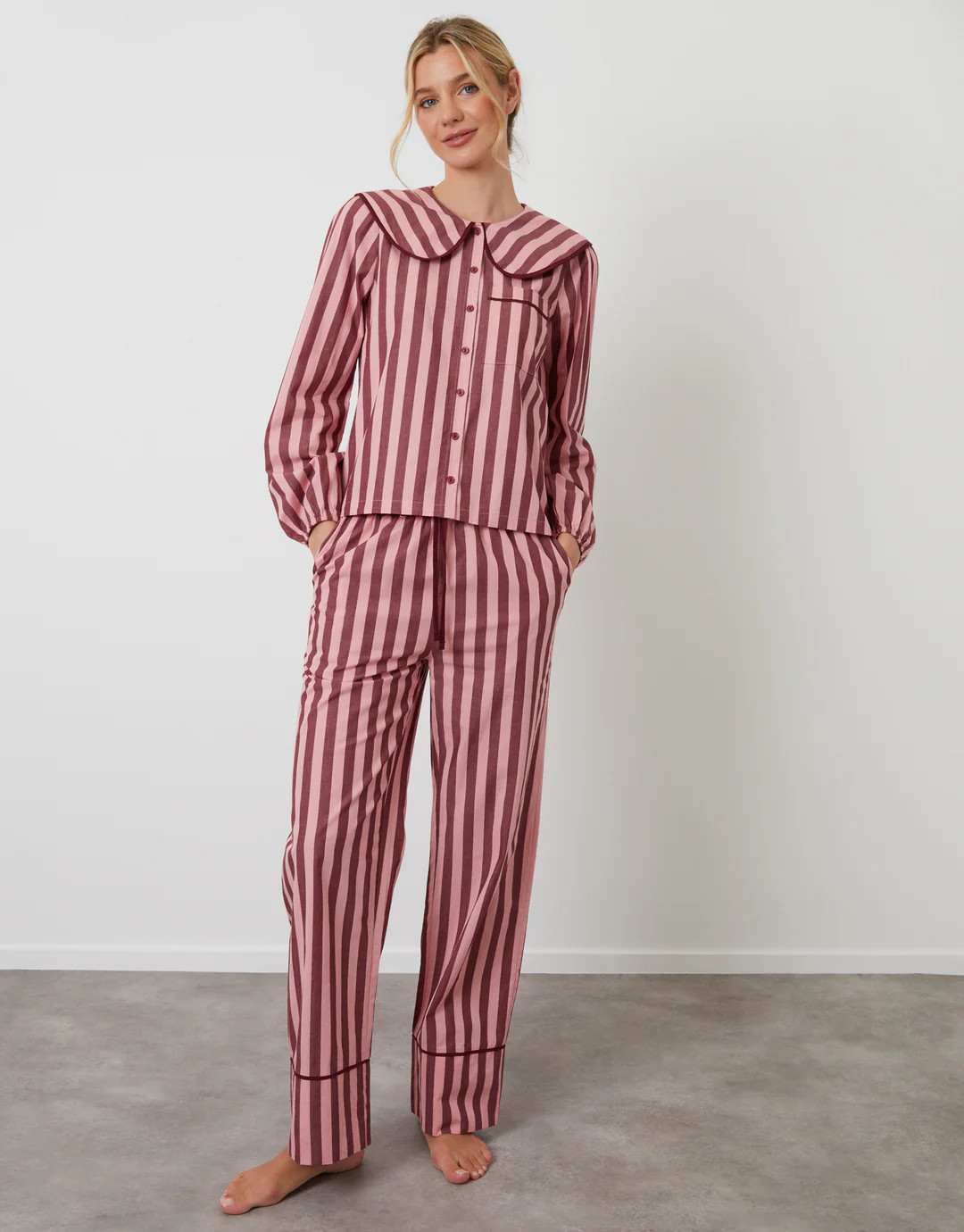 Pink Stripe Peter Pan Collar Long Pyjamas (2-Piece Set) | Threadbare