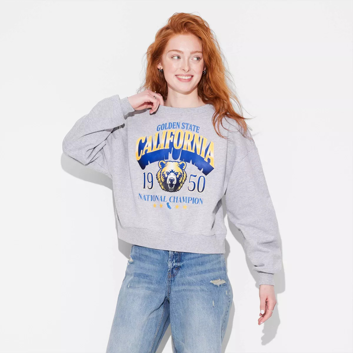 Women's Cali Champs Cropped Fleece Graphic Sweatshirt - Light Gray | Target