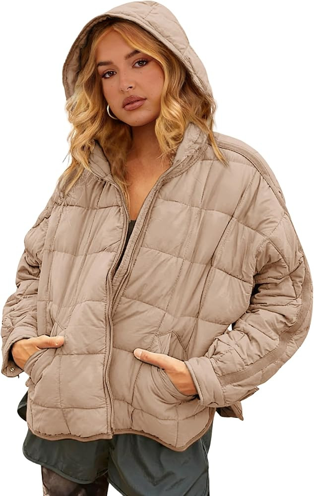 Bianstore Womens Oversized Splice Quilted Lightweight Hooded Puffer Jacket Casual Padded Coat | Amazon (US)