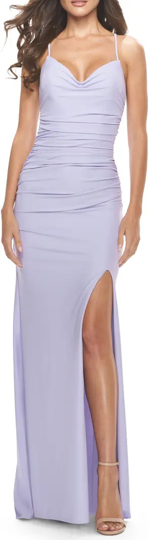 La Femme Ruched Jersey Dress with Lace Up Back | Nordstrom | Nordstrom