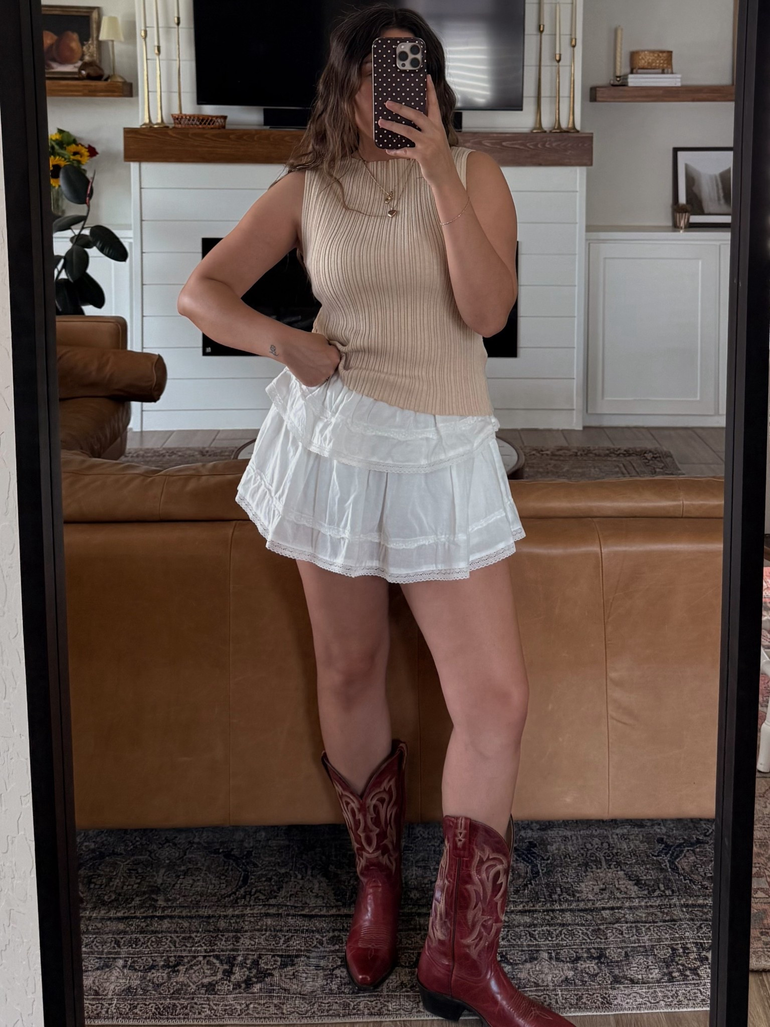 Styling cowboy boots for summer look 2! Sizes below:
Top: M
Skort: M
Boots: 7.5 (sized down half size)

#LTKU #LTKSummerEdit #LTKStyleTip