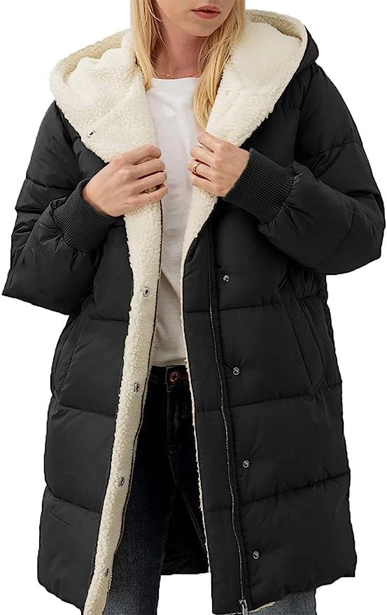 Womens Winter Warm Coats Sherpa Fleece Lined Long Hooded Puffer Jacket | Amazon (US)