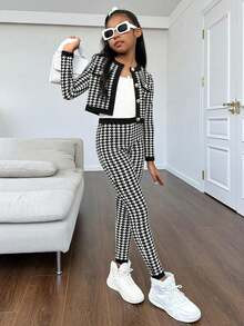 2PCS Tween Girl Houndstooth Print Flap Detail Jacket & Pants | SHEIN