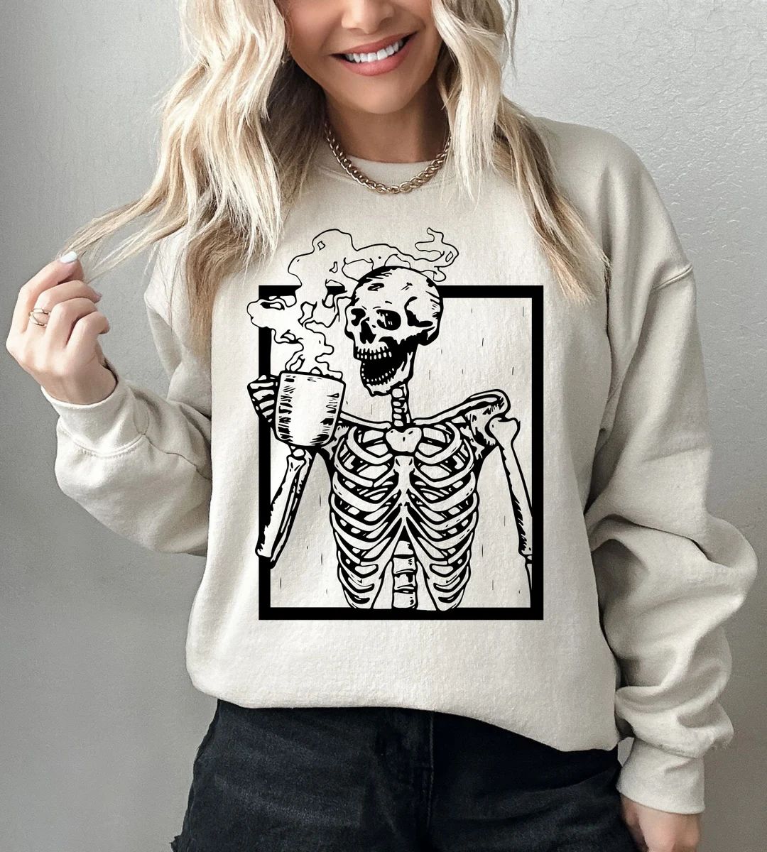Funny Coffee Skeleton Sweatshirt, Skeleton Sweatshirt, Halloween Skeleton Shirt, Skeleton Hallowe... | Etsy (US)