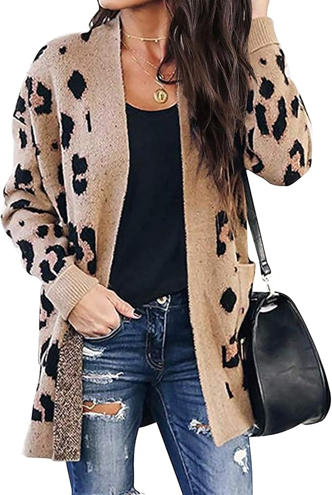BTFBM Women Chic Leopard Print Cozy Sweater Pockets Button Down Open Front Loose Knitted Long Car... | Amazon (US)