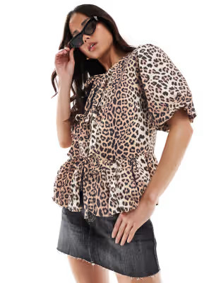 ASOS DESIGN cotton puff sleeve peplum top in leopard print | ASOS | ASOS (Global)