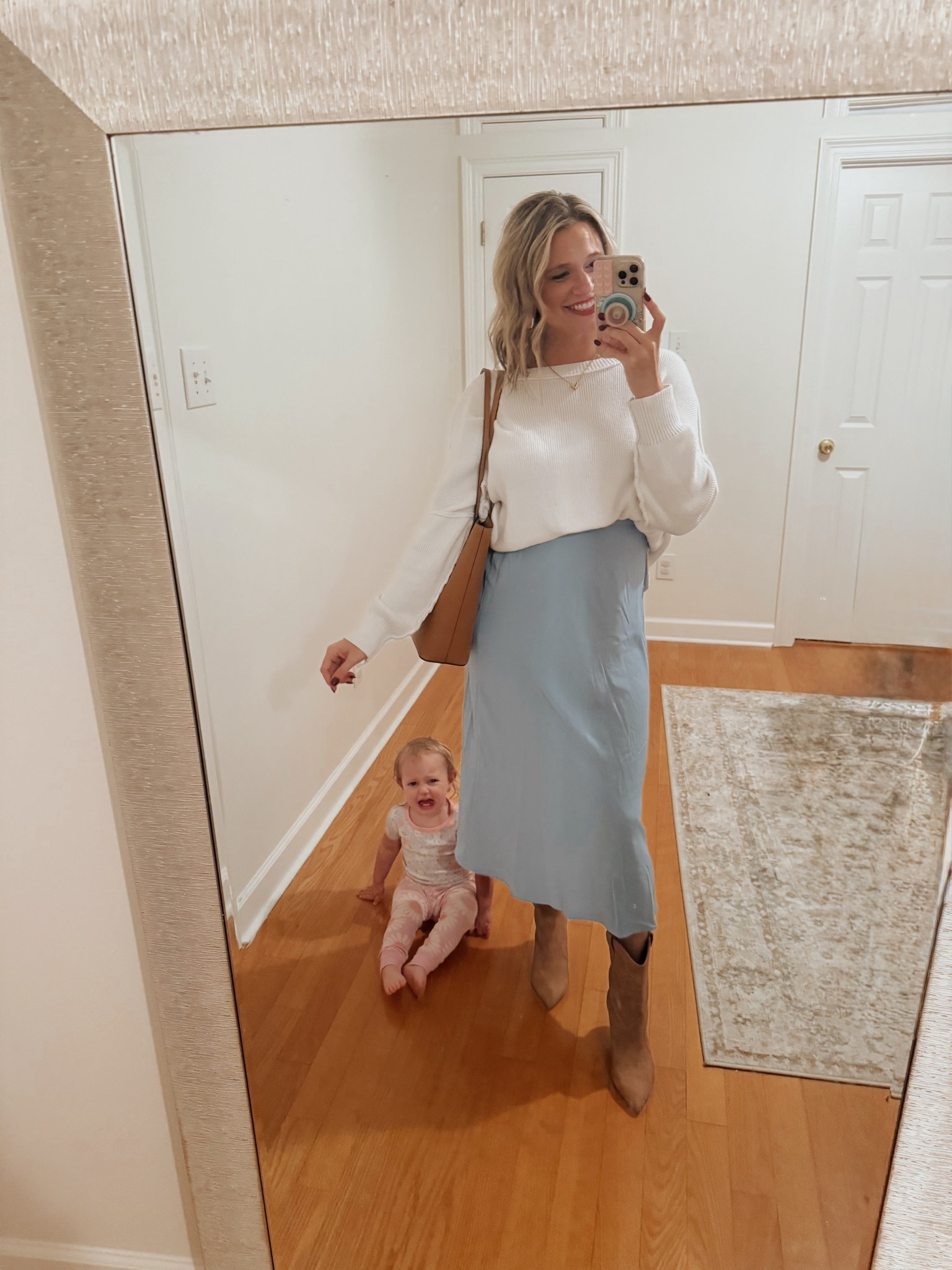 Another cutie girls dinner ootn 🩵 everything linked below (except the baby 😂) this skirt is adorable + perfect for any season! I paired it with a sweater & boots (these are on sale rn!) but you could even pair it with a tshirt + denim jacket + sneakers for a more comfy/casual look. Wearing size medium for reference 🙌🏼

#LTKmomlife #LTKootd #LTKParties