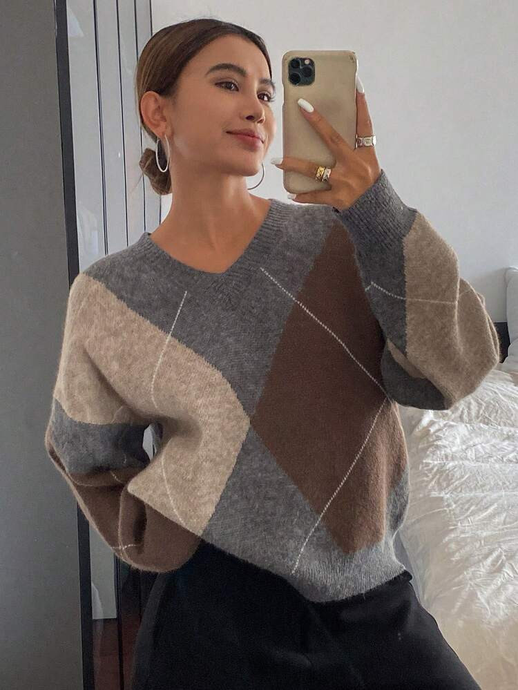 Grey Brown Diamond Print Jumper | SHEIN