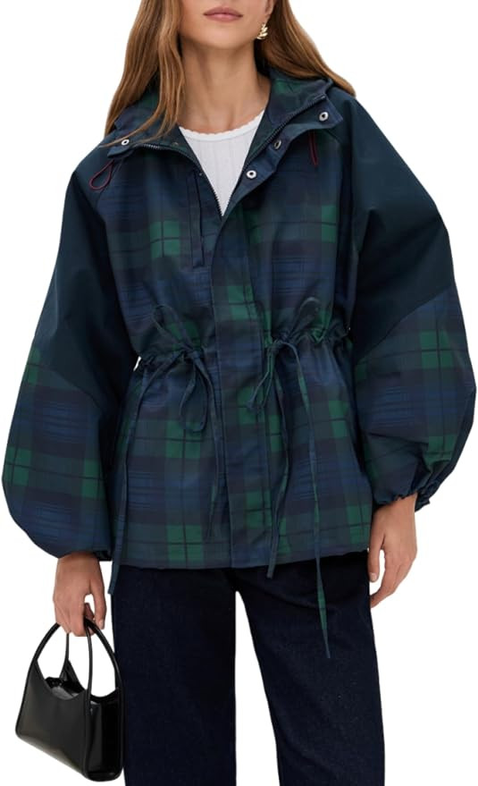 HALO RAIN Women's Plaid jacket Casual Windproof Windbreaker with Hood | Amazon (US)
