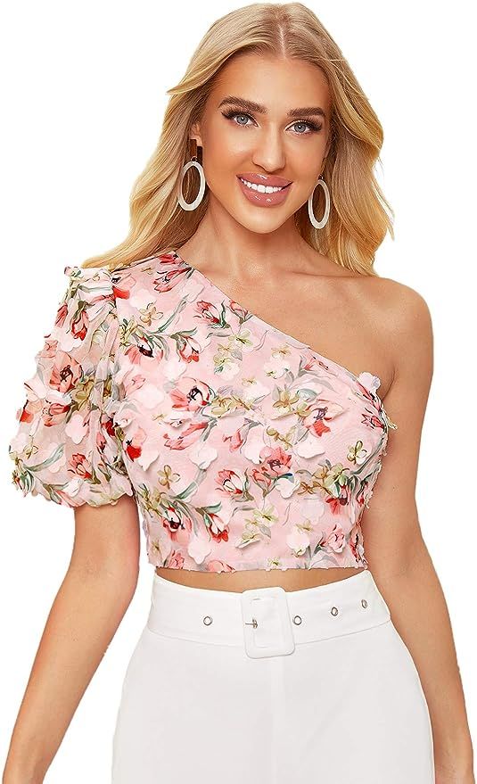 SOLY HUX Women's One Shoulder Puff Short Sleeve Printed Crop Top Blouse | Amazon (US)