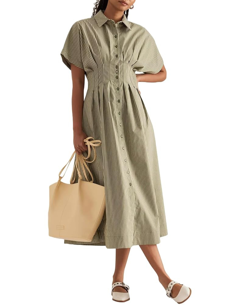 Women Button Front Pleated Shirt Maxi Dress Summer Striped Prints Short Sleeve Collar Casual Long... | Amazon (US)