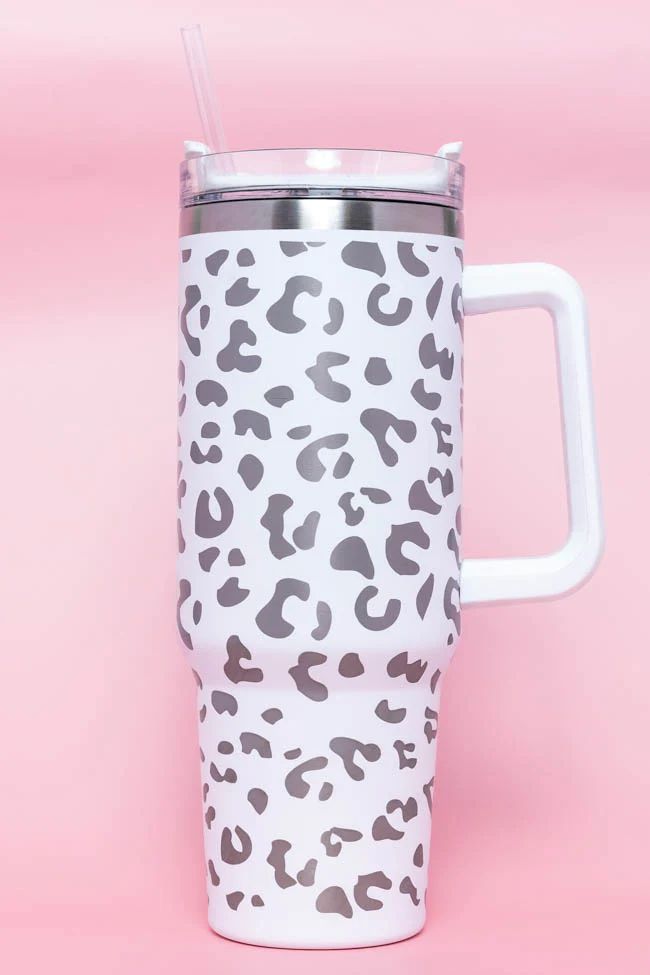 Sippin' Pretty White Leopard 40 oz Drink Tumbler With Lid And Straw DOORBUSTER | Pink Lily