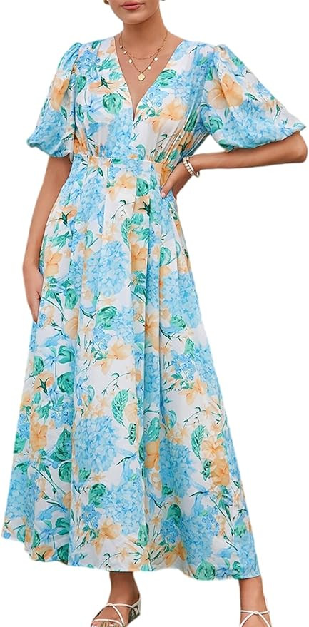 Women's Boho Floral Print Midi Dress Short Sleeve Summer Long Dress | Amazon (US)