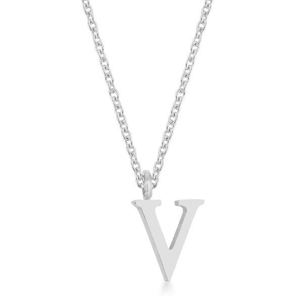 Kate Bissett Elaina Rhodium-plated Stainless Steel V Initial Necklace - White | Bed Bath & Beyond